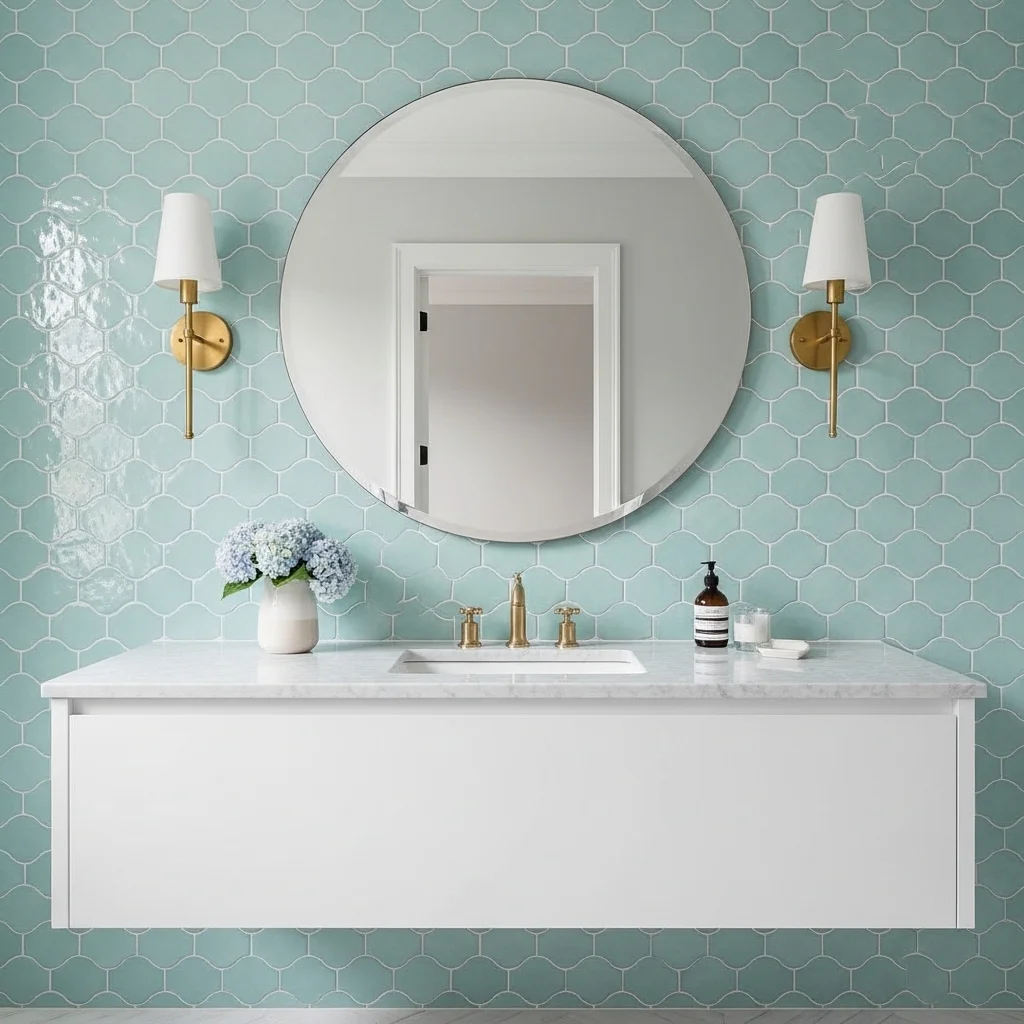 Mermaid Tile Accent Walls Behind the Vanity