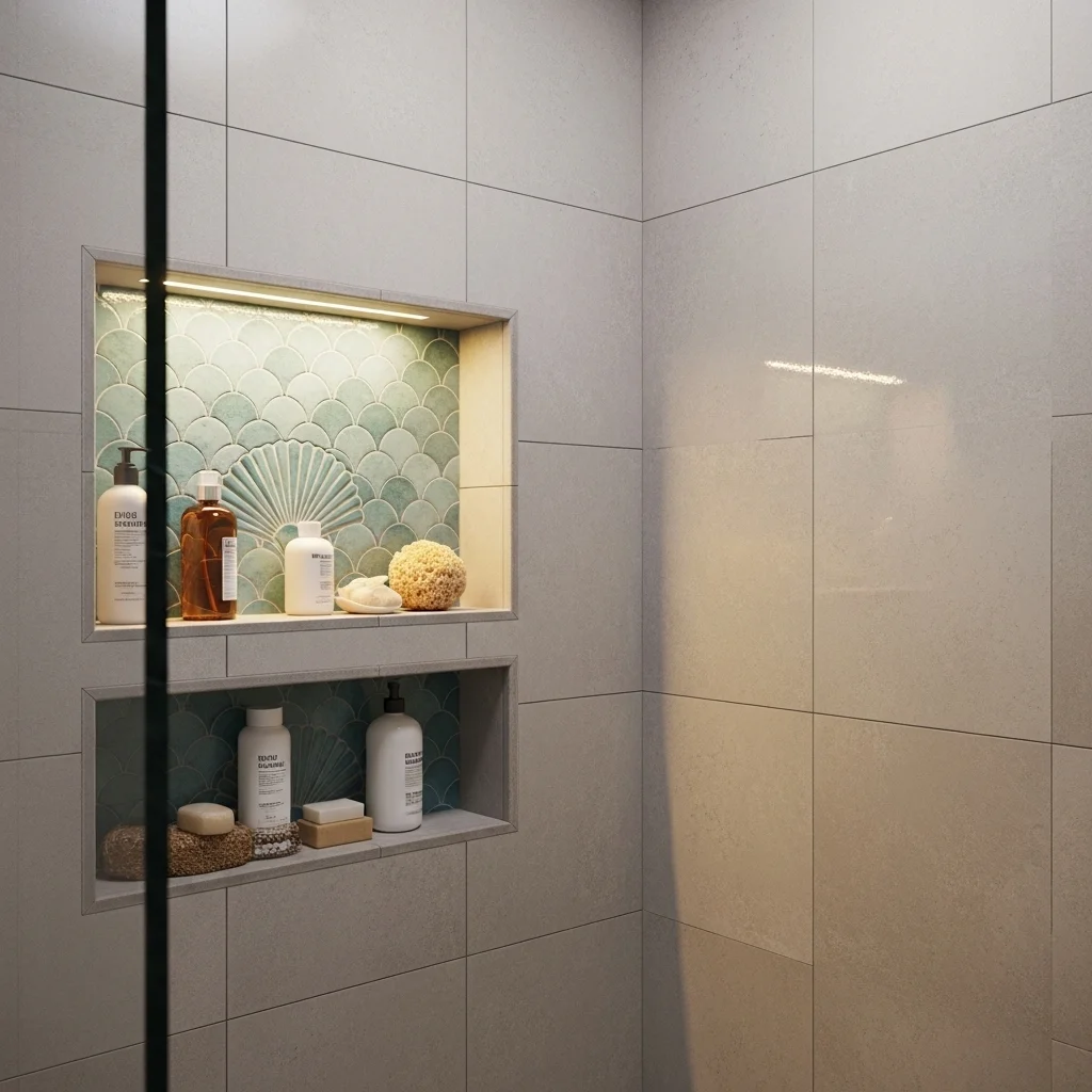 Mermaid Tile Shower Niches for a Pop of Texture
