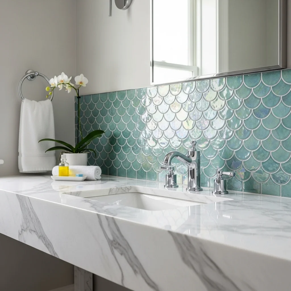 Mermaid Tile Paired with Marble Countertops