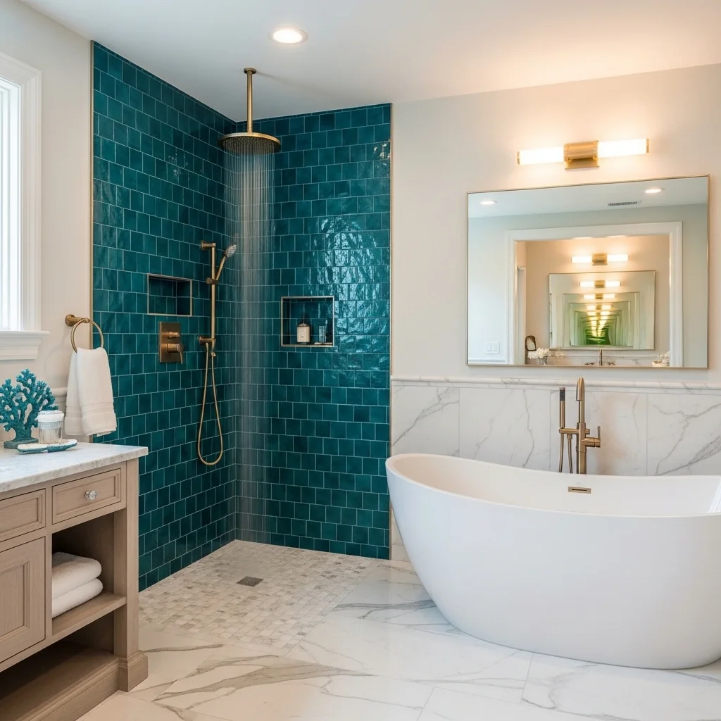 Gold Fixtures with Mermaid Tile for Coastal Glam