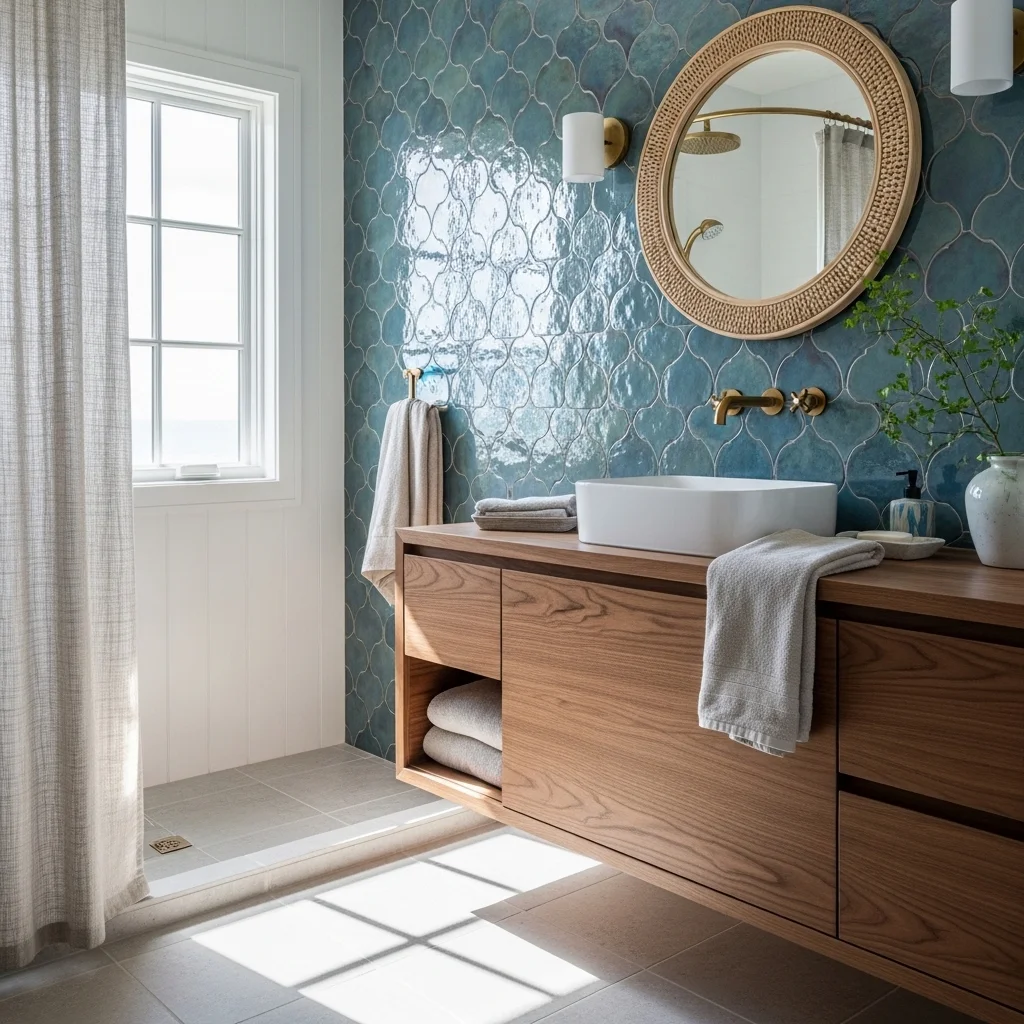 Mermaid Tile with Natural Wood Vanities