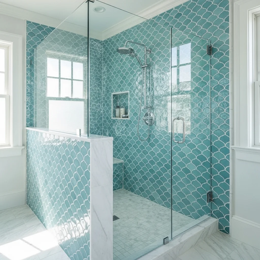 Classic Aqua Mermaid Tile Shower Walls