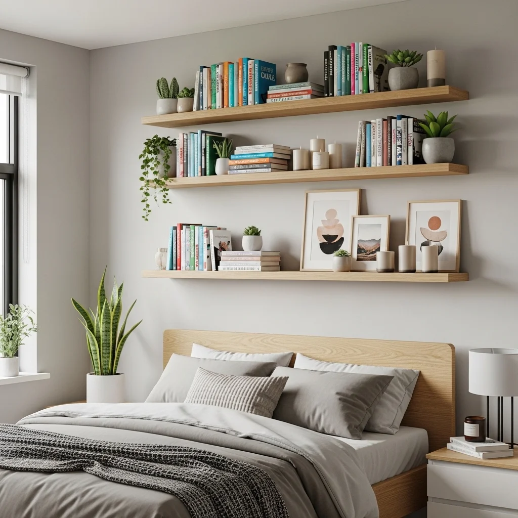 Floating Shelves Behind the Bed