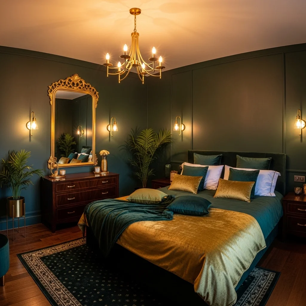 Dark Green Bedroom with Wooden Furniture