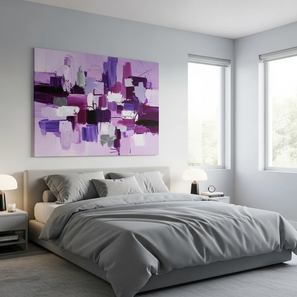 Light Gray Walls with Purple Artwork