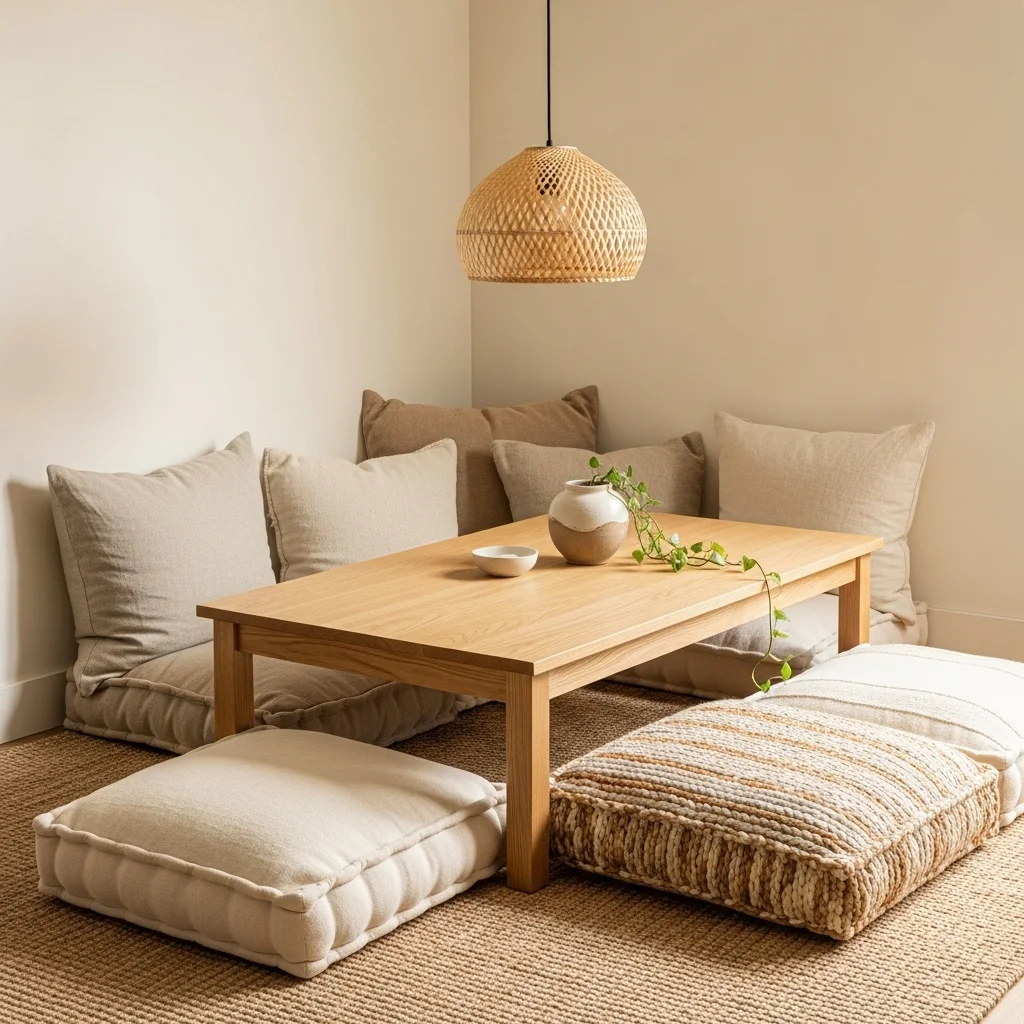 Low-Profile Table with Floor Cushions for a Zen Corner 