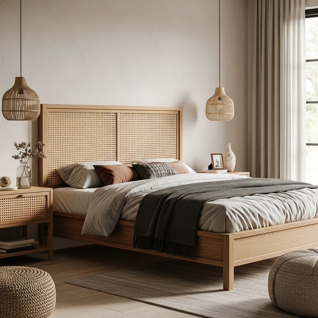 Rattan Headboard with Wooden Frame