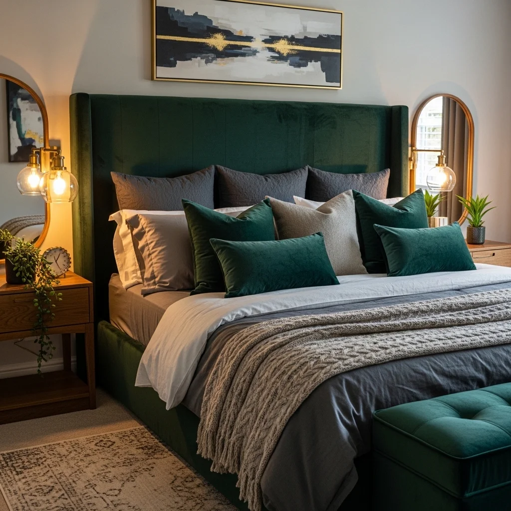 Dark Green Bedroom with Neutral Bedding