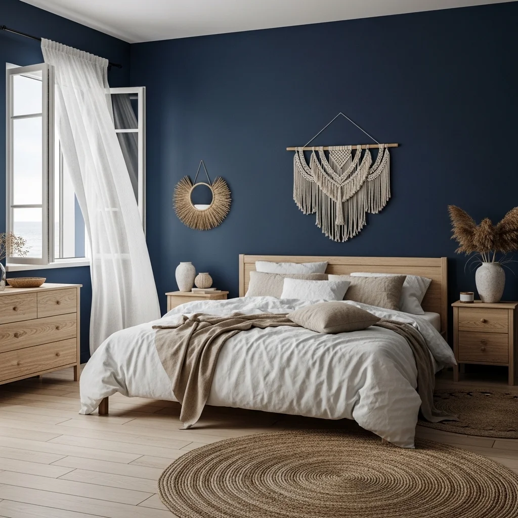 Coastal-Inspired Dark Blue Bedroom