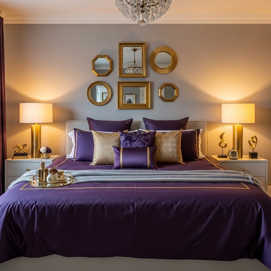 Purple Gray Bedroom with Gold Accents