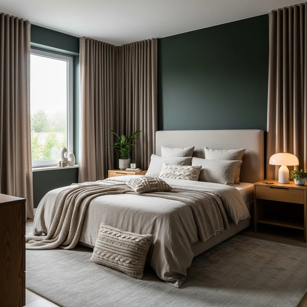 Dark Green Bedroom with Layered Lighting