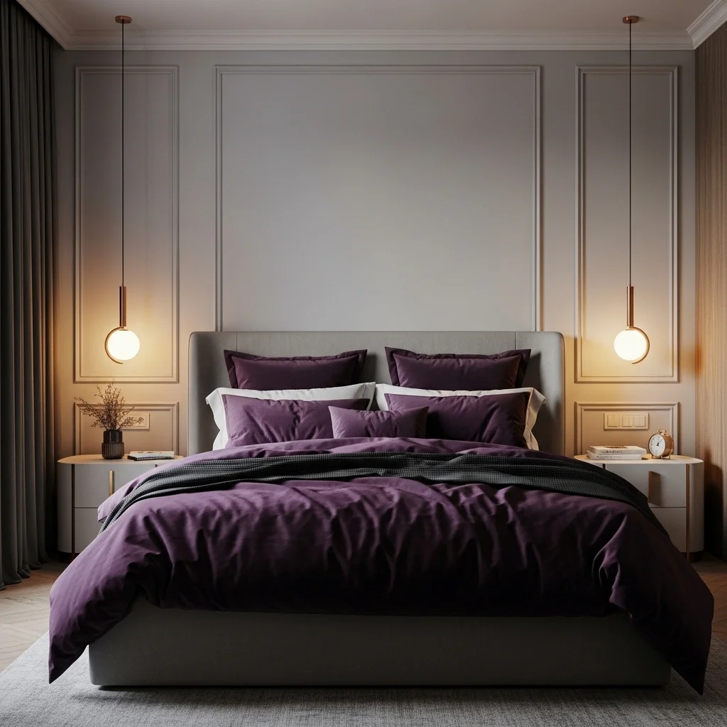 Dark Plum and Soft Gray Bedroom