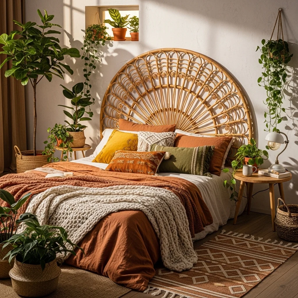 Curved Fan Rattan Headboard