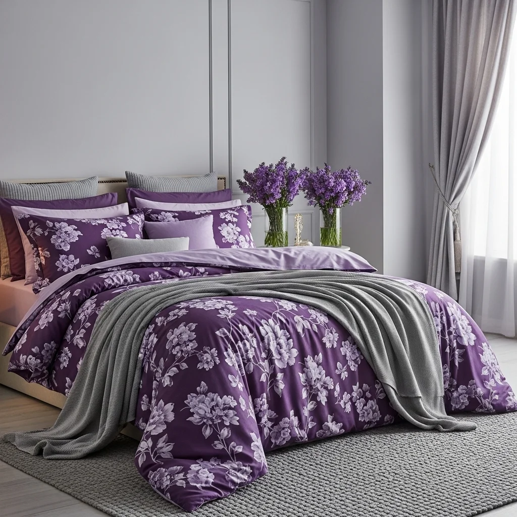 Purple Gray Bedroom with Floral Decor