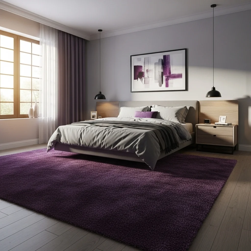 Gray Bedroom with Purple Rug