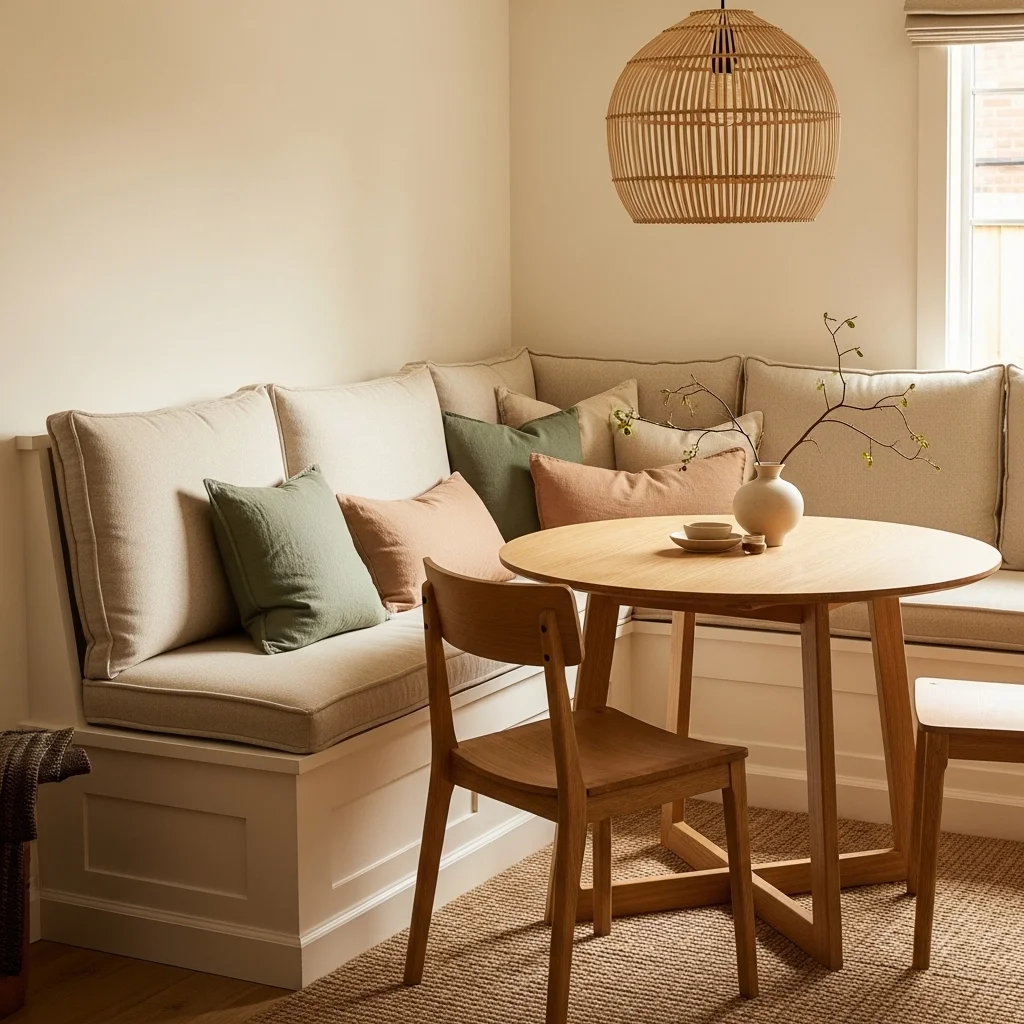 Built-In Corner Banquette with Natural Linen Cushions 