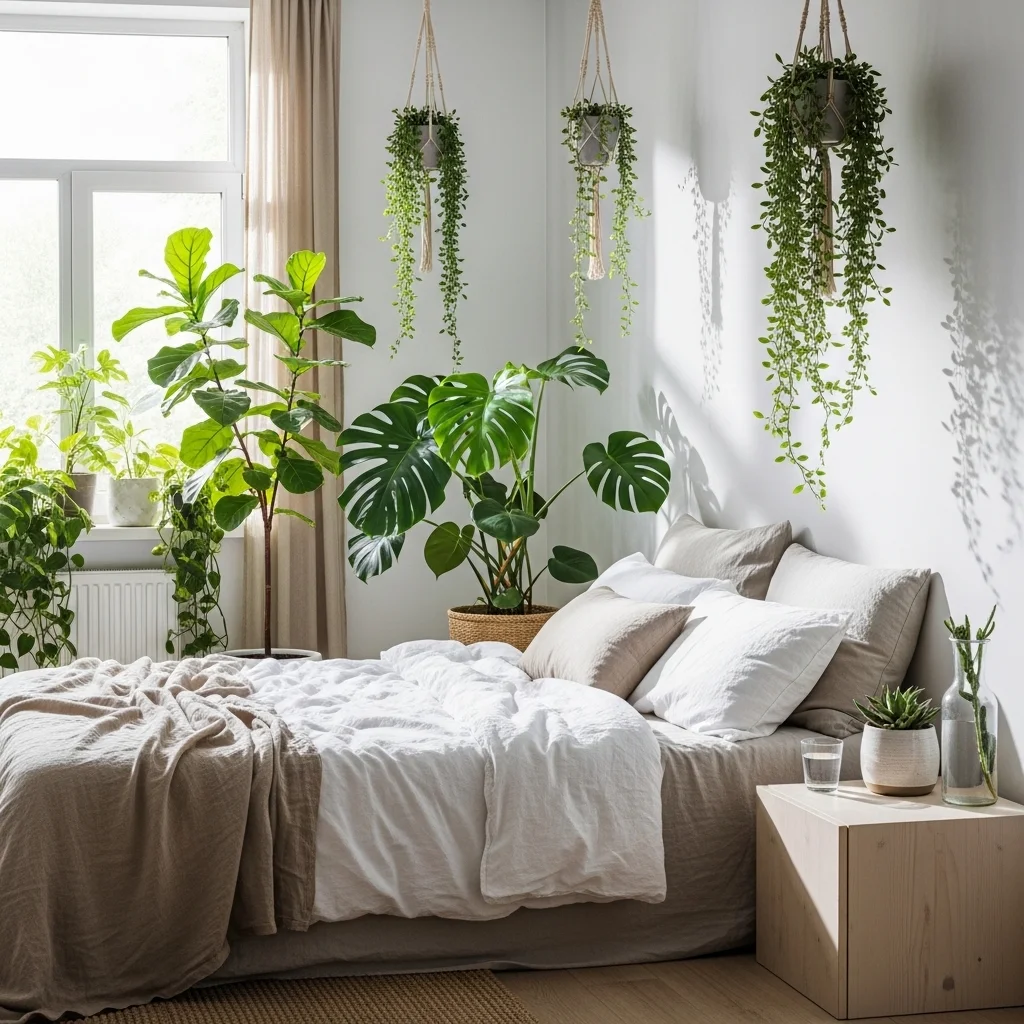Indoor Plants Behind the Bed