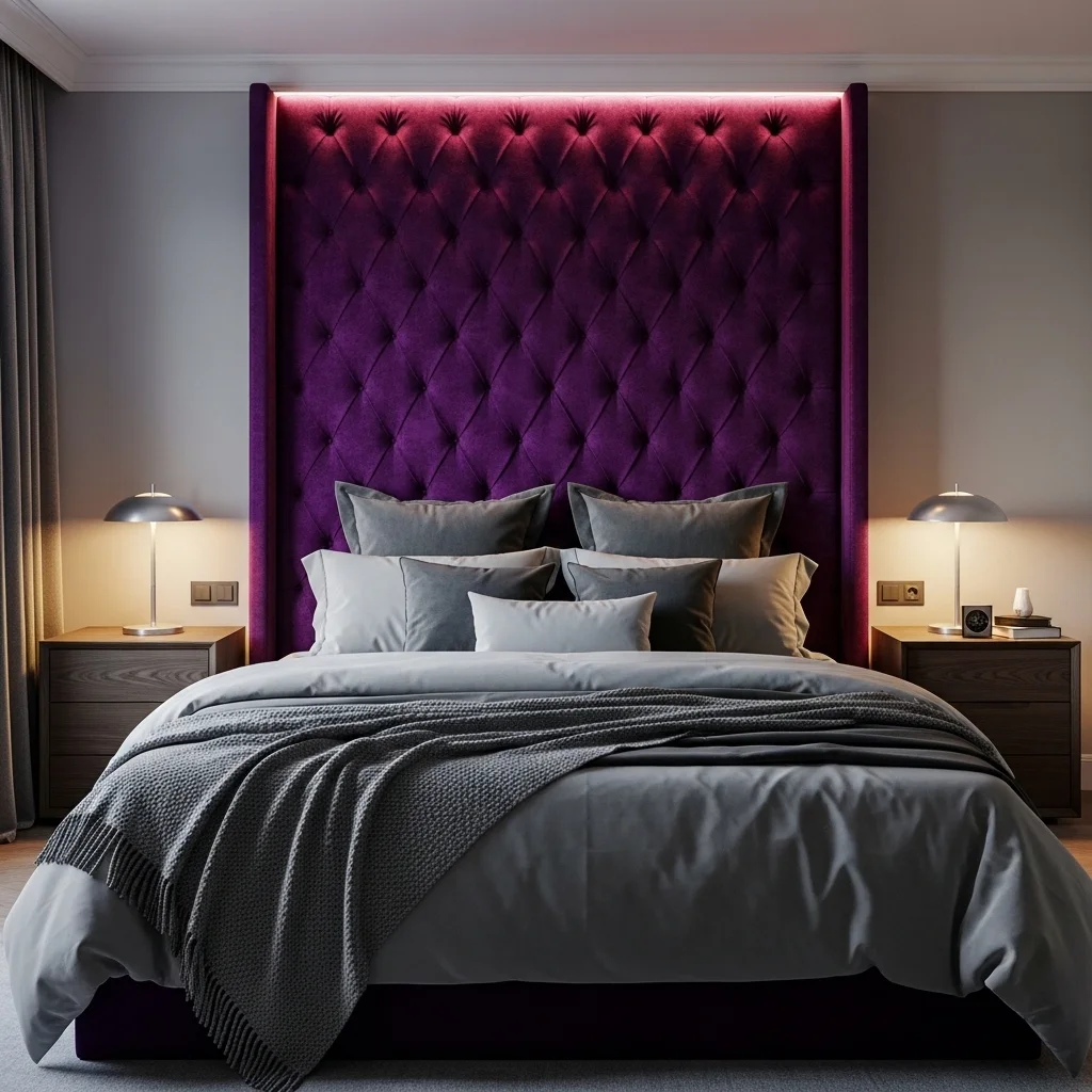 Purple Gray Bedroom with Statement Headboard