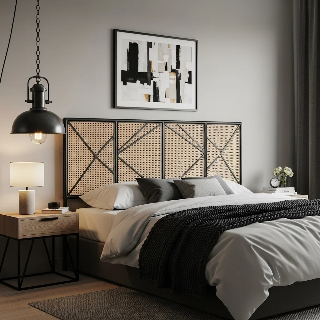 Rattan Headboard with Metal Accents
