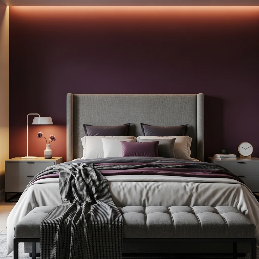 Plum Accent Wall with Gray Furniture