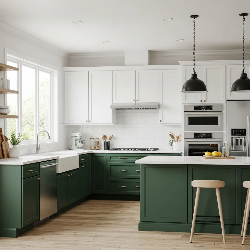 Two Tone Kitchen with Dark Green Lower Cabinets 