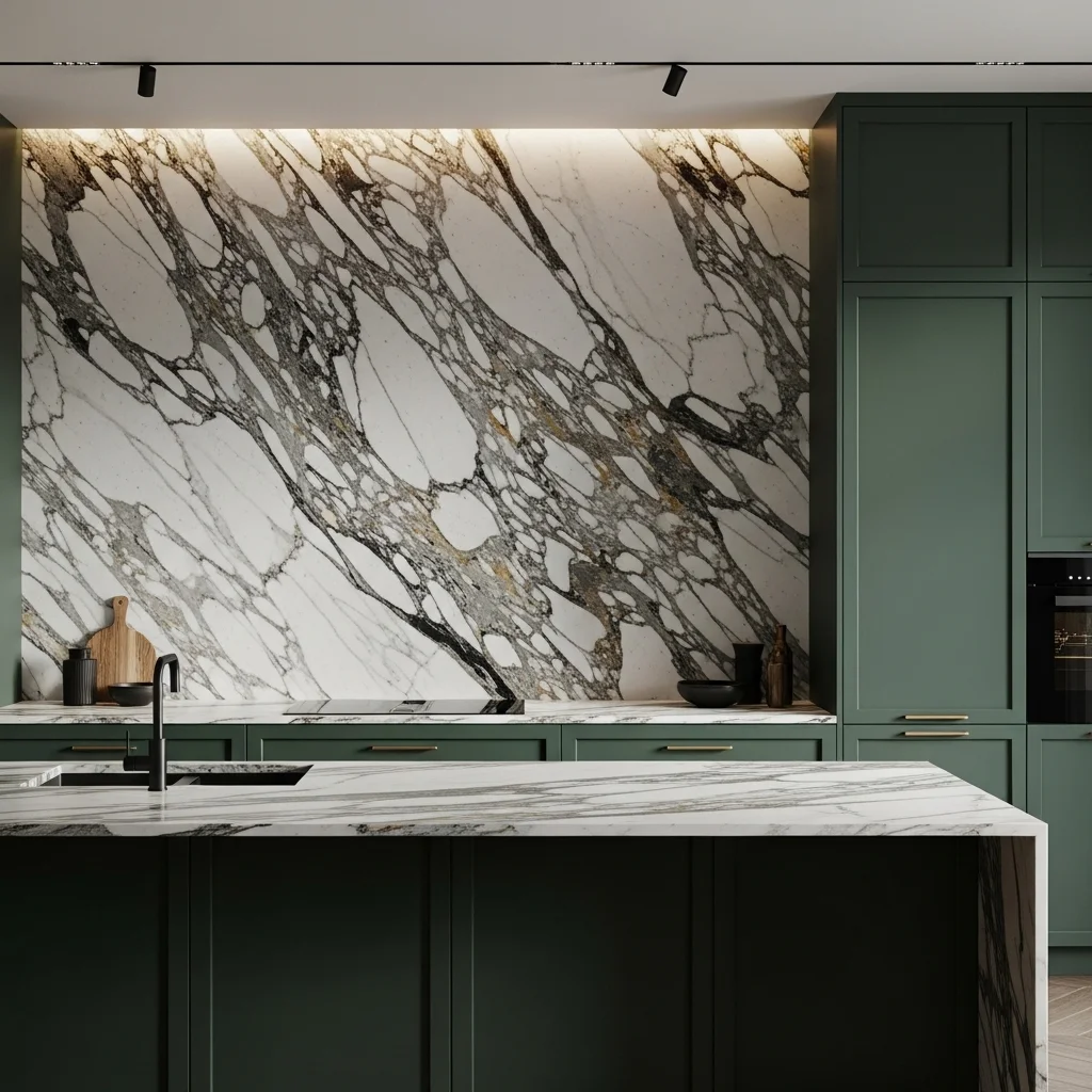 Dark Green Kitchen with Marble Backsplash 