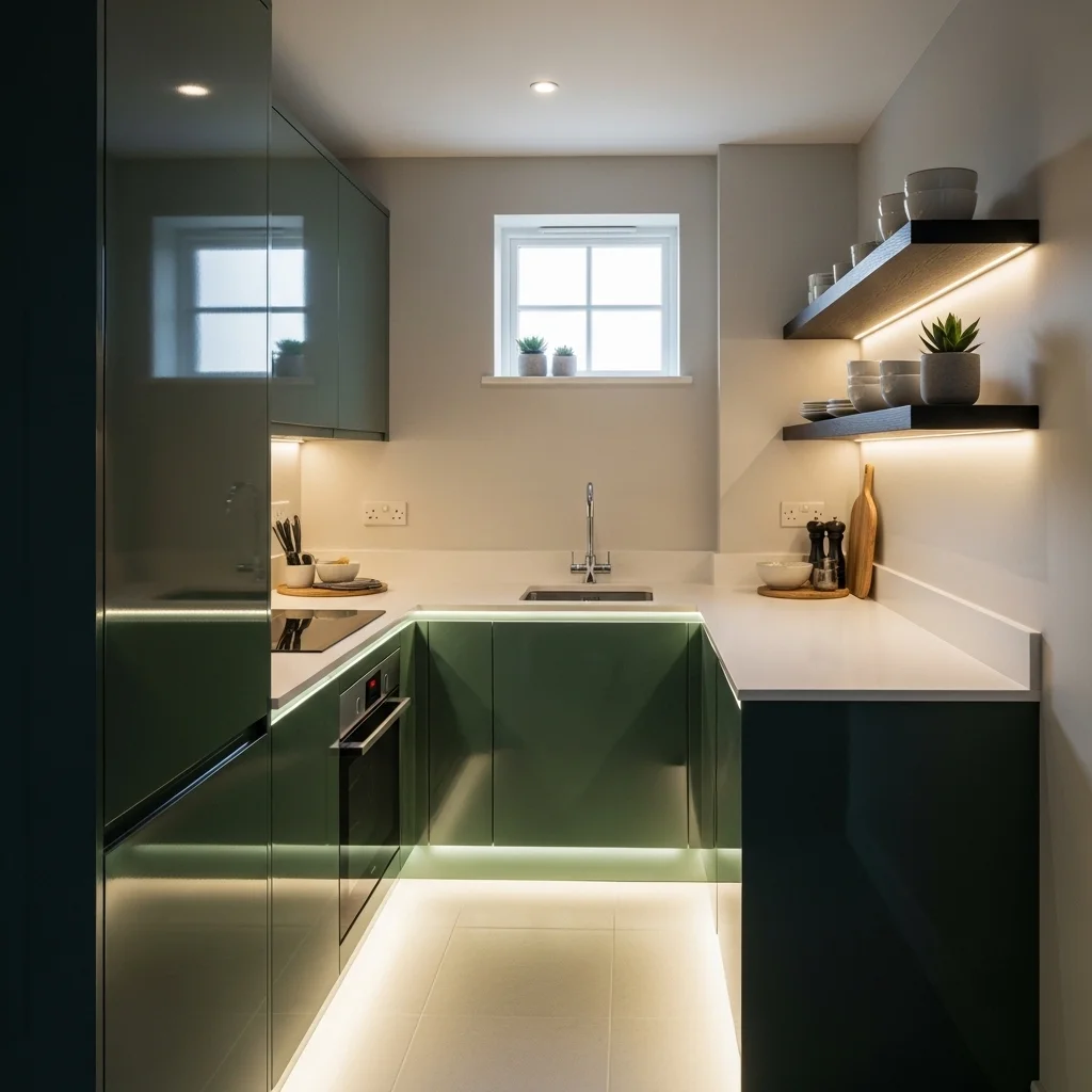 Small Dark Green Kitchen with Smart Lighting 