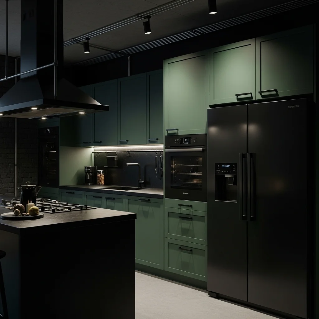 Dark Green Kitchen with Black Accents 