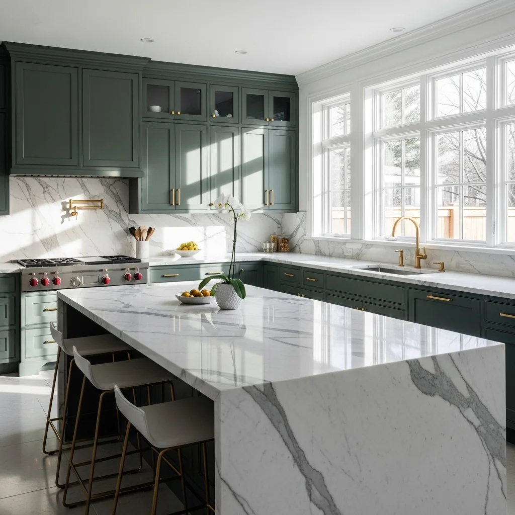 Dark Green Cabinets with Brass Hardware 