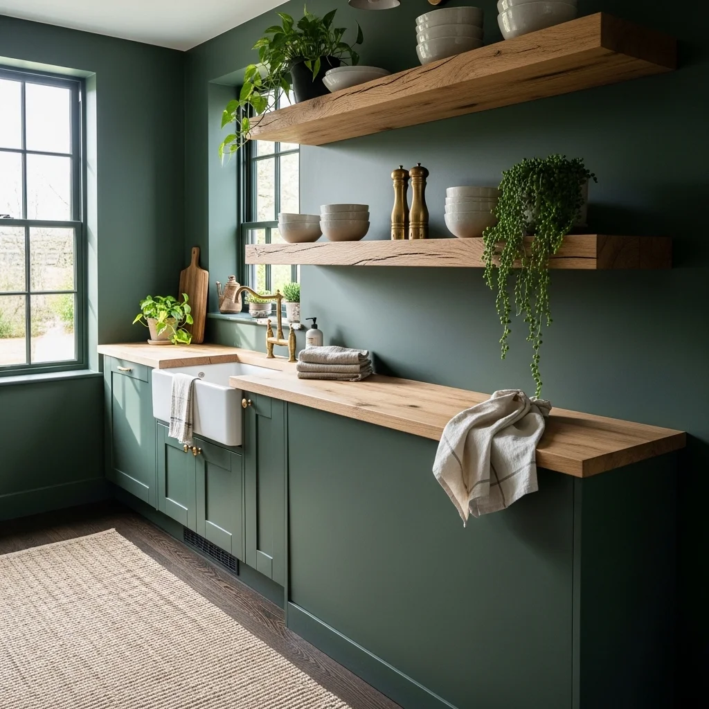 Dark Green Kitchen with Open Shelving 