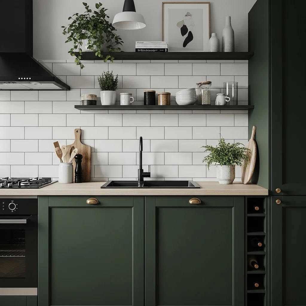 Dark Green Kitchen with White Subway Tiles 