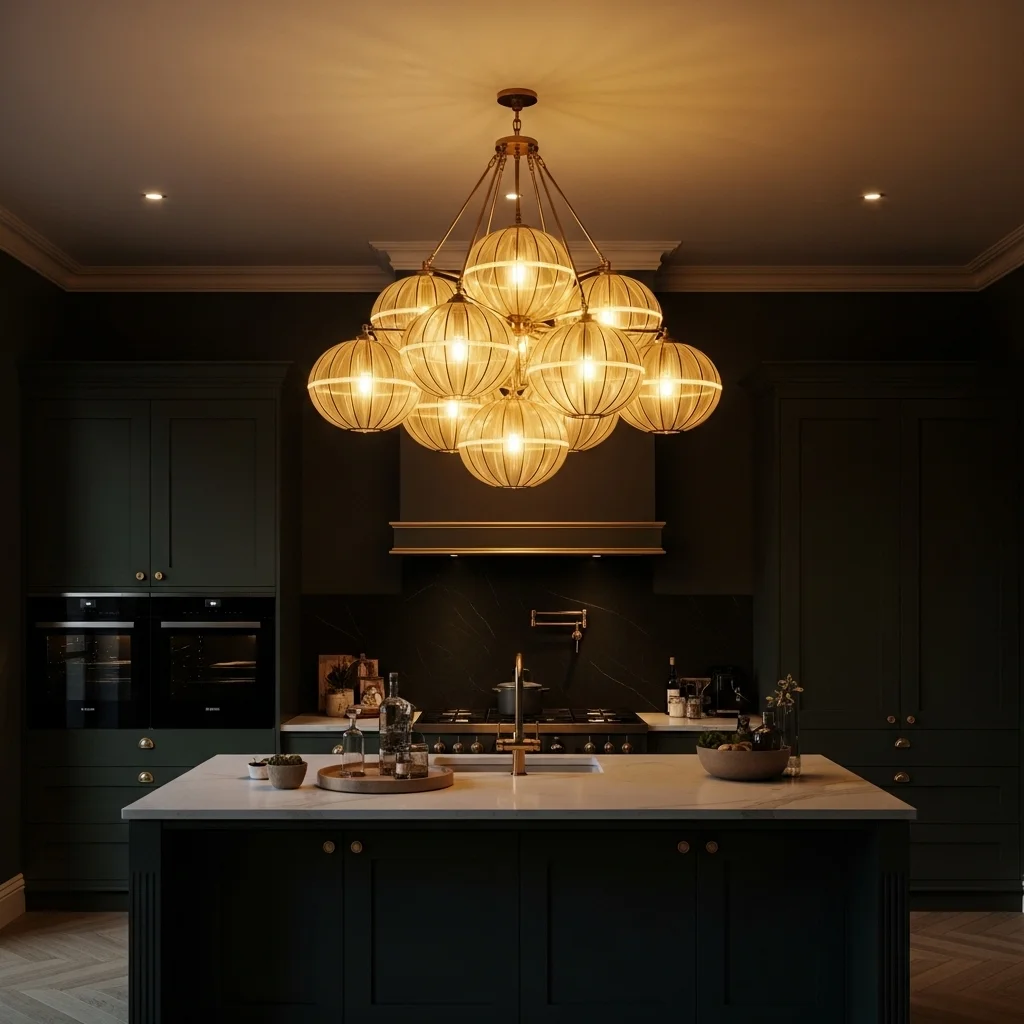 Dark Green Kitchen with Statement Lighting 
