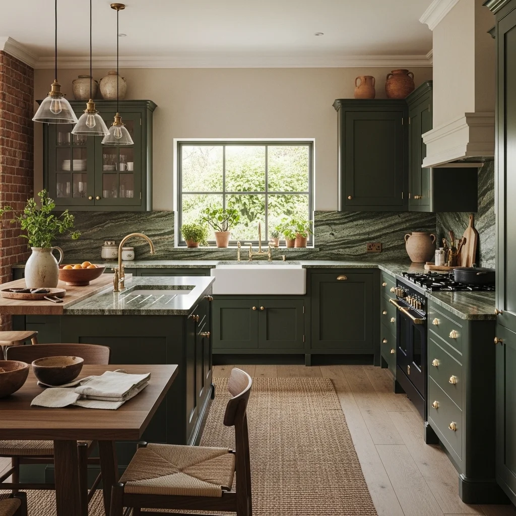 Green Kitchen with Natural Stone Elements 