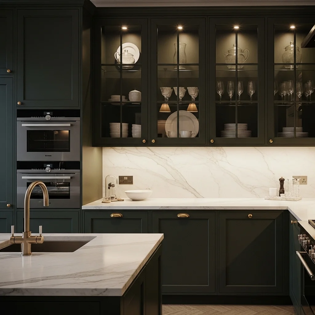 Dark Green Kitchen with Glass Cabinets 