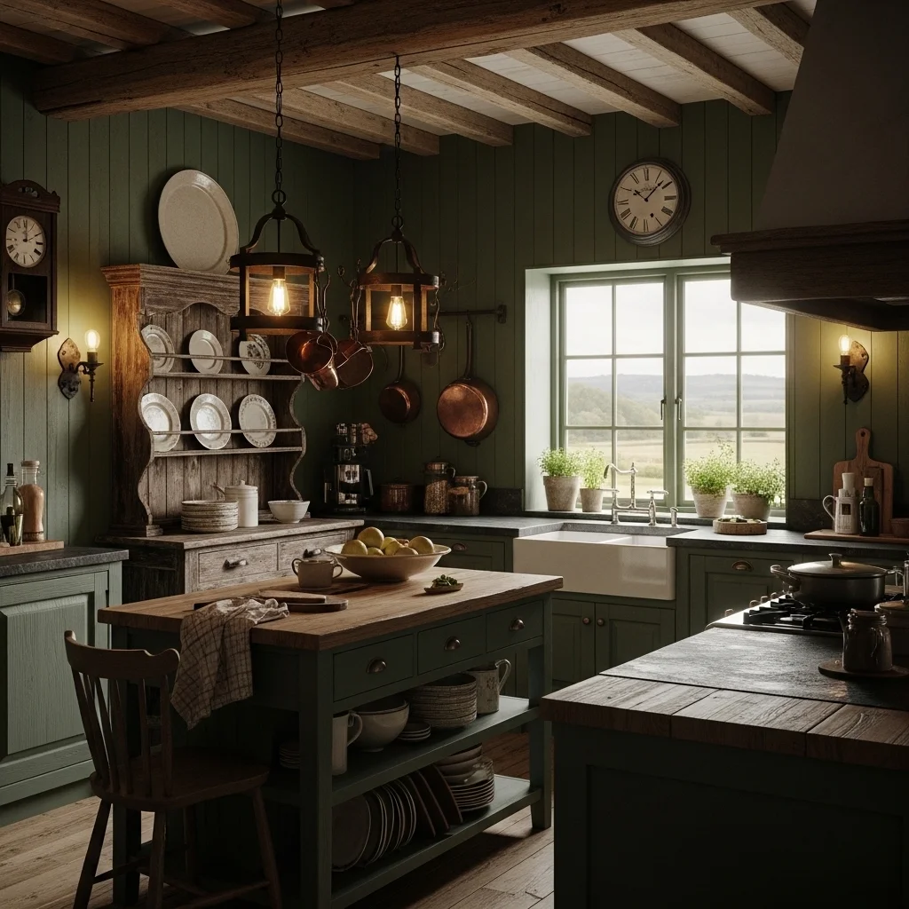 Rustic Dark Green Kitchen Design 