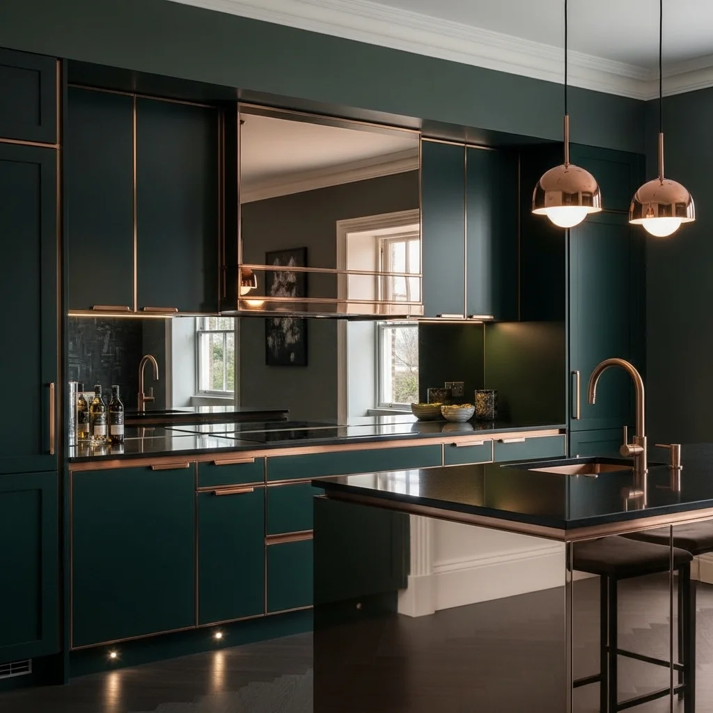 Dark Green Kitchen with Metallic Finishes 