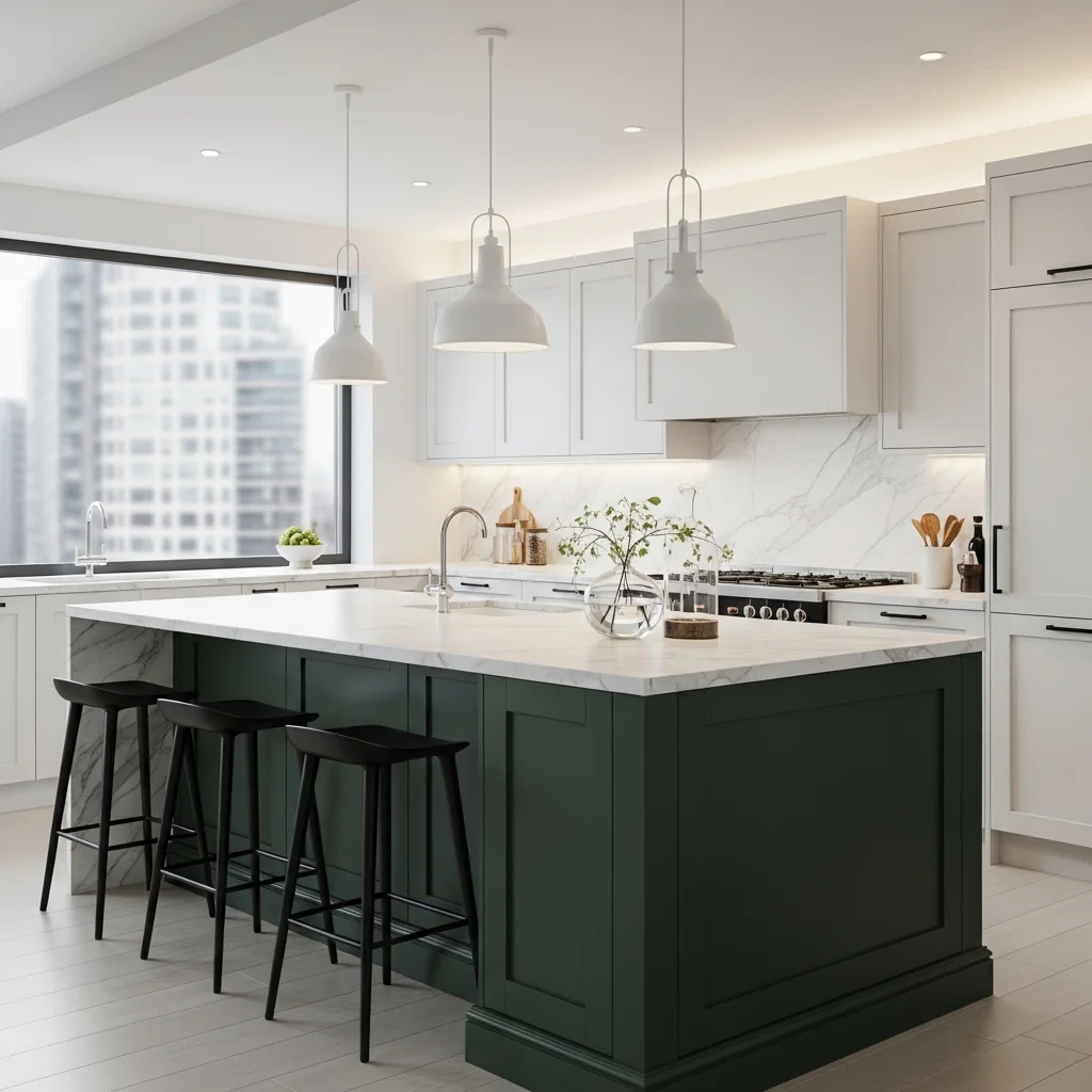 Forest Green Kitchen with White Countertops 