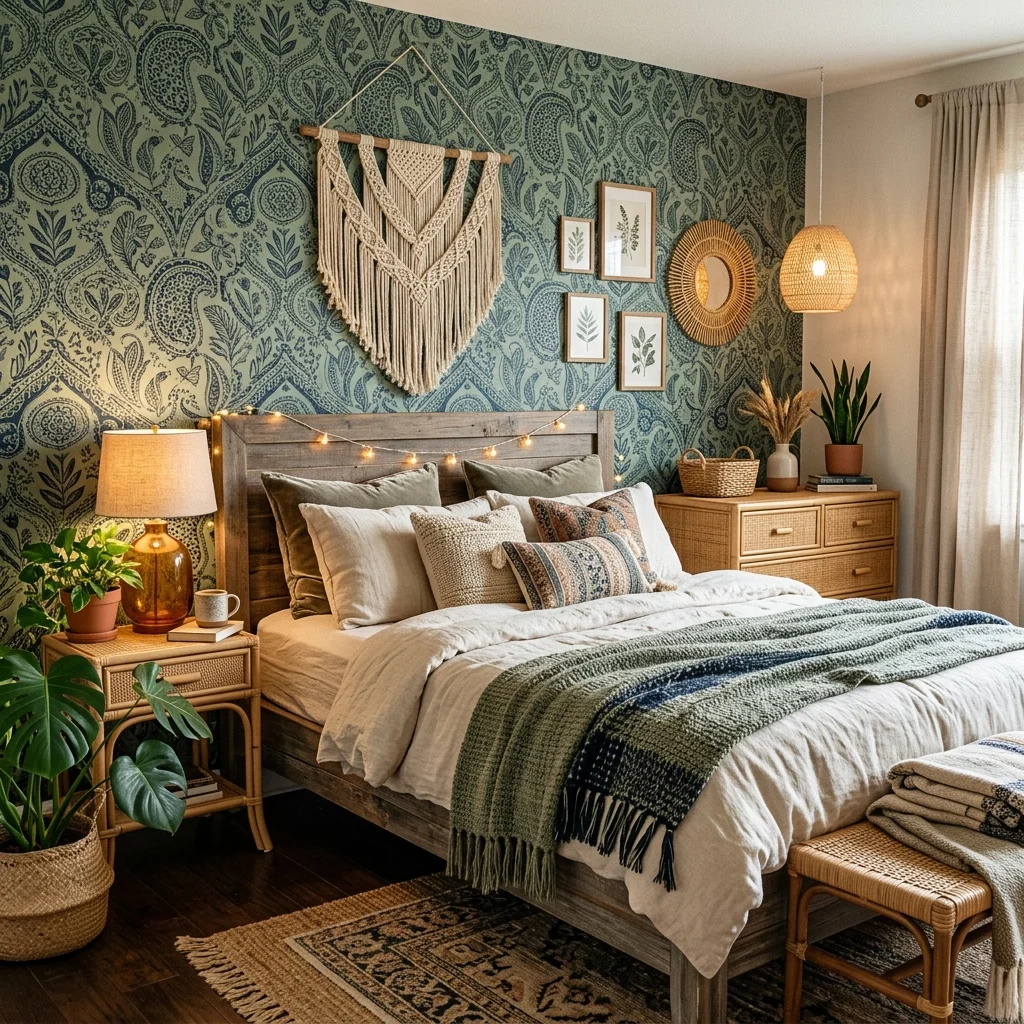  Adding a Statement Wall with Boho-Chic Wallpaper 