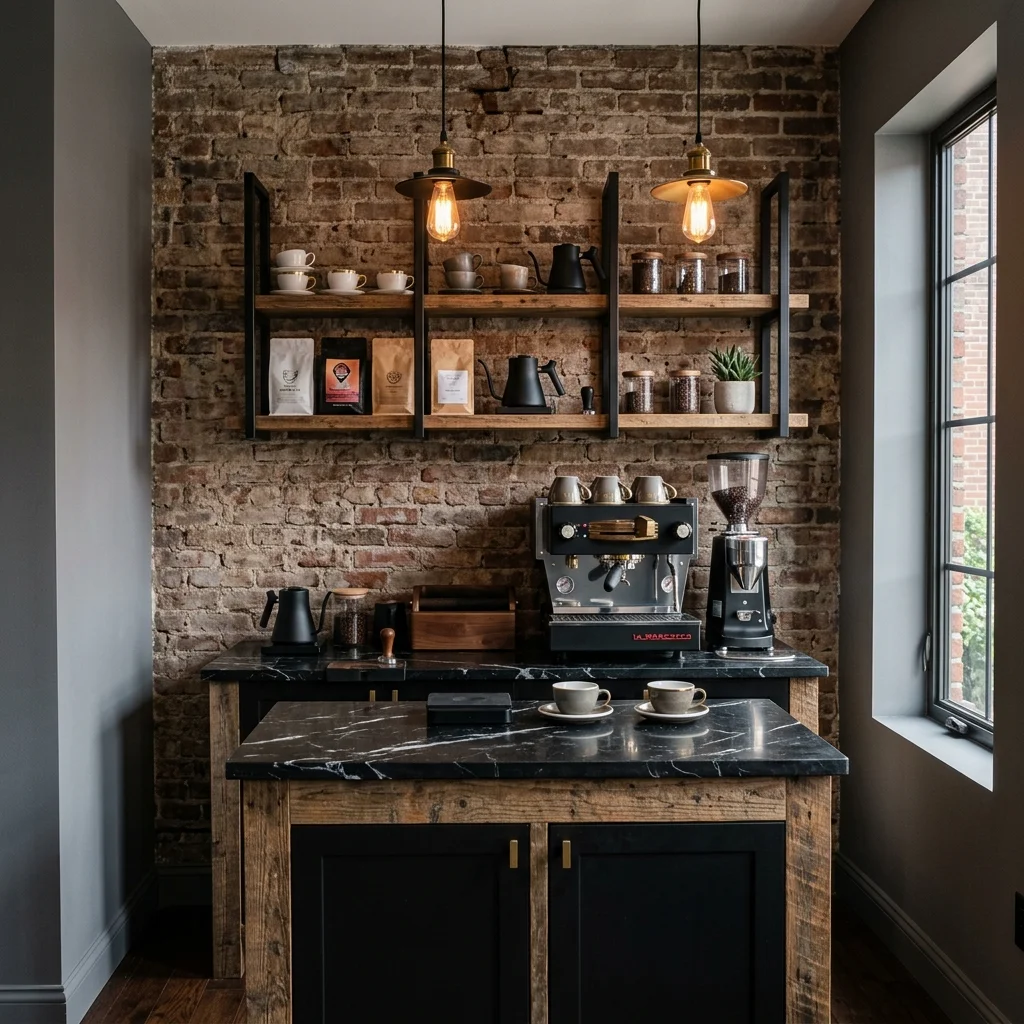 Industrial-Chic Coffee Bar with Exposed Brick 