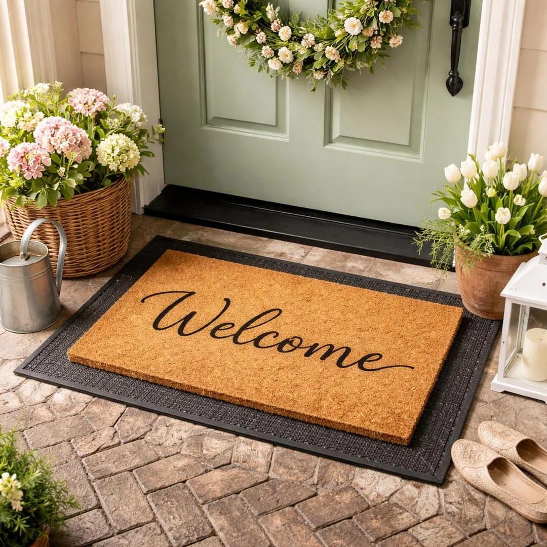 Layered Welcome Mat - spring front door decor