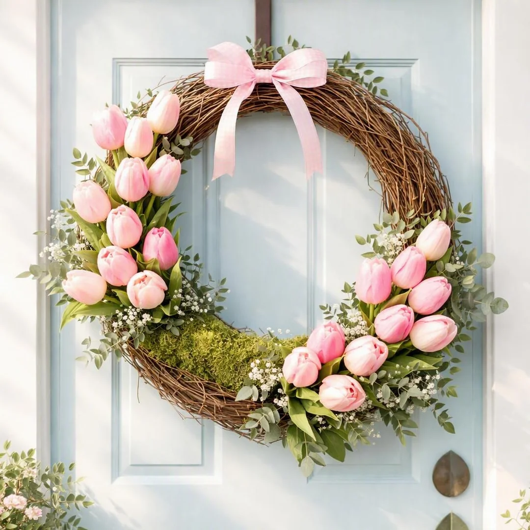 Simple Tulip Wreath - spring front door decor