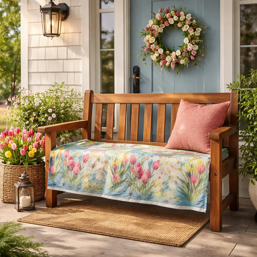 Bench with Throw - spring front porch decor