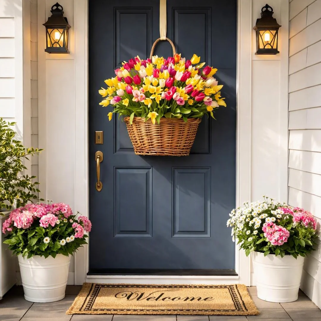 Front Door Floral Basket - spring front porch decor