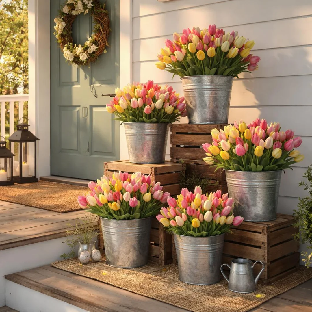 Galvanized Bucket Display - spring front porch decor