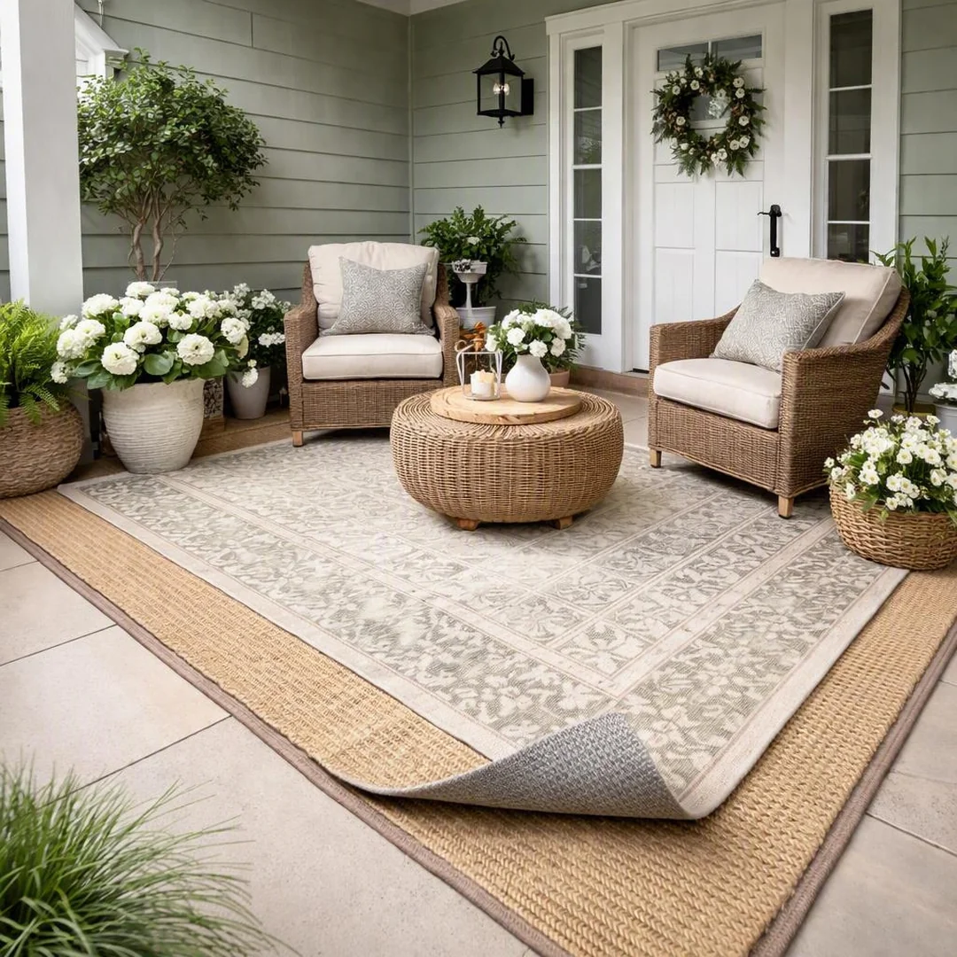 Outdoor Rug Layering - spring front porch decor