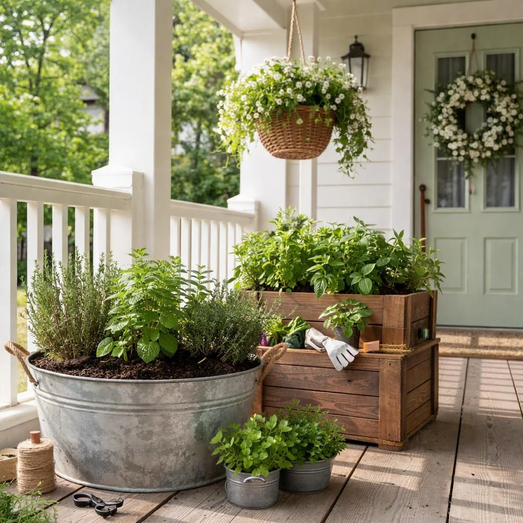 Potted Herb Garden - spring front porch decor