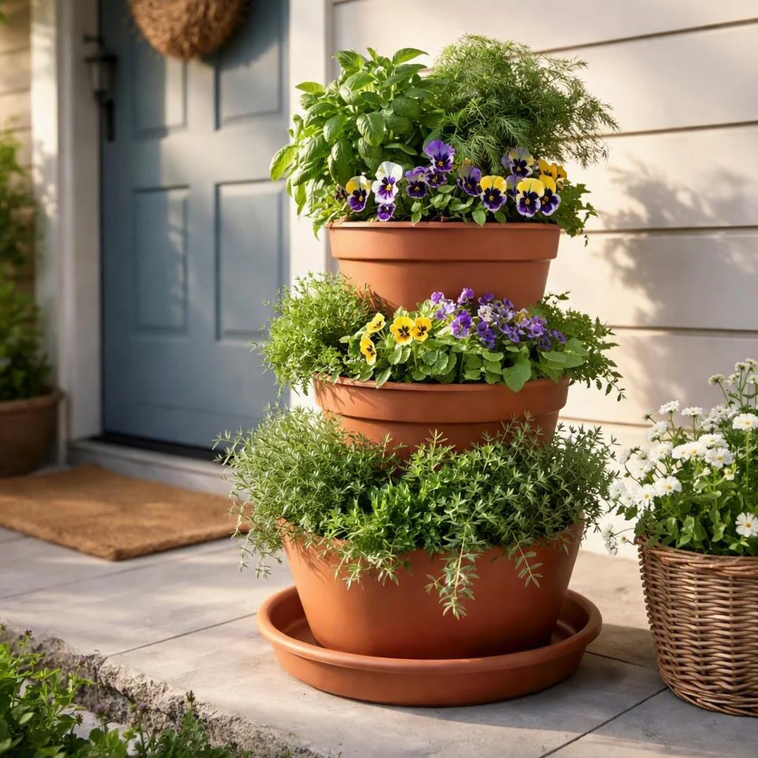 Stacked Planter Tower - spring front porch decor