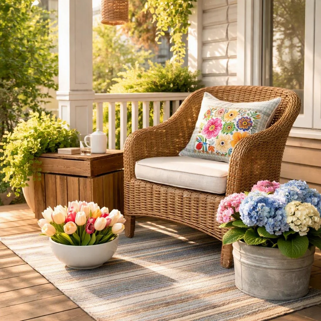 Wicker Chair Nook - spring front porch decor