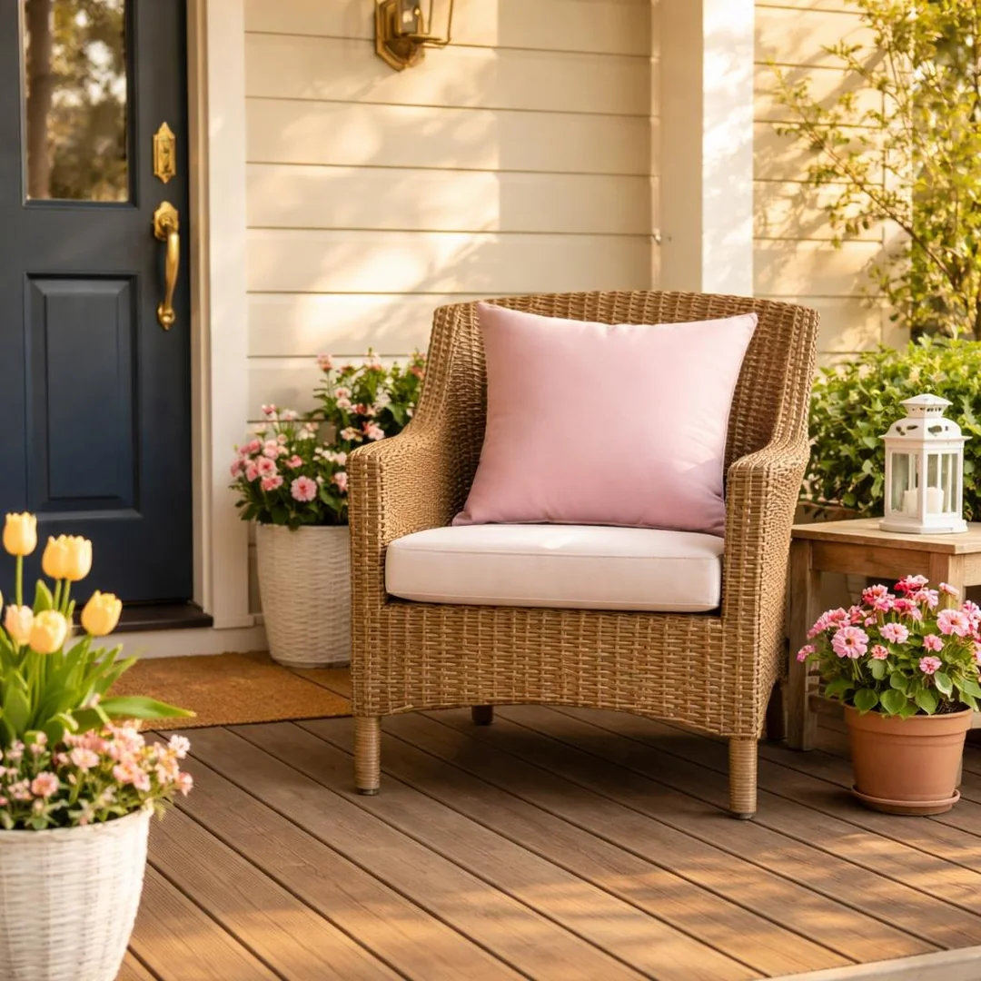 Wicker Chair Vignette - spring front porch decor