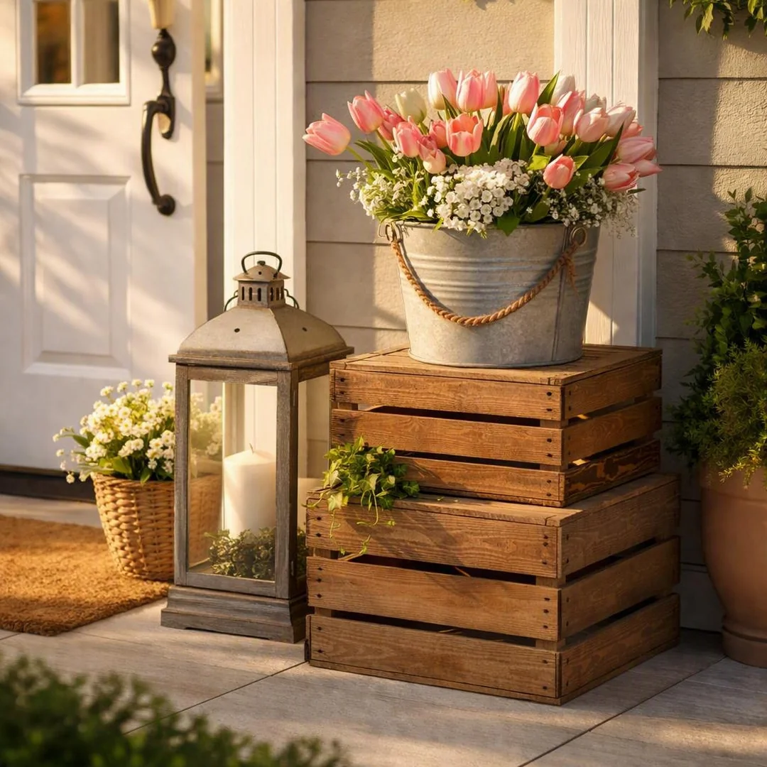 Wooden Crate Stacks - spring front porch decor